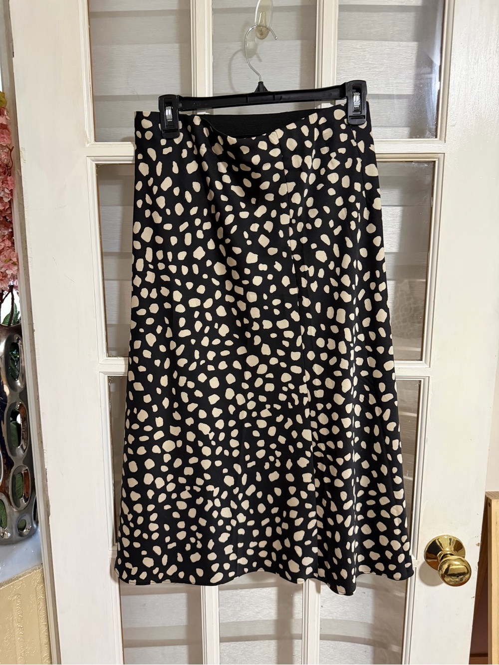 LOFT Black Midi Skirt with Cream Spot Print